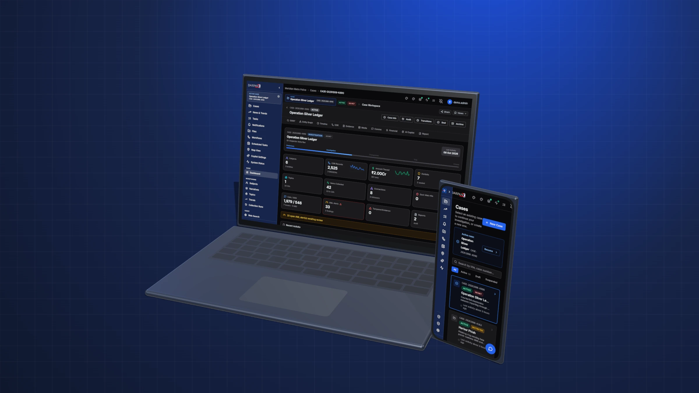 DARPANX case overview on a laptop and a phone, fictional demo data
