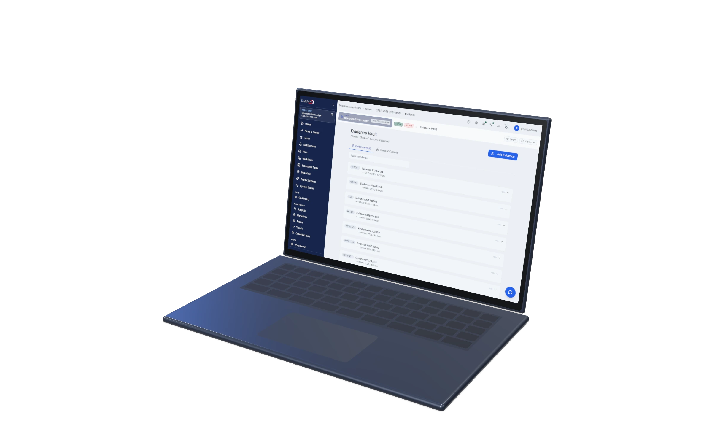 DARPANX evidence vault on a laptop, fictional demo data