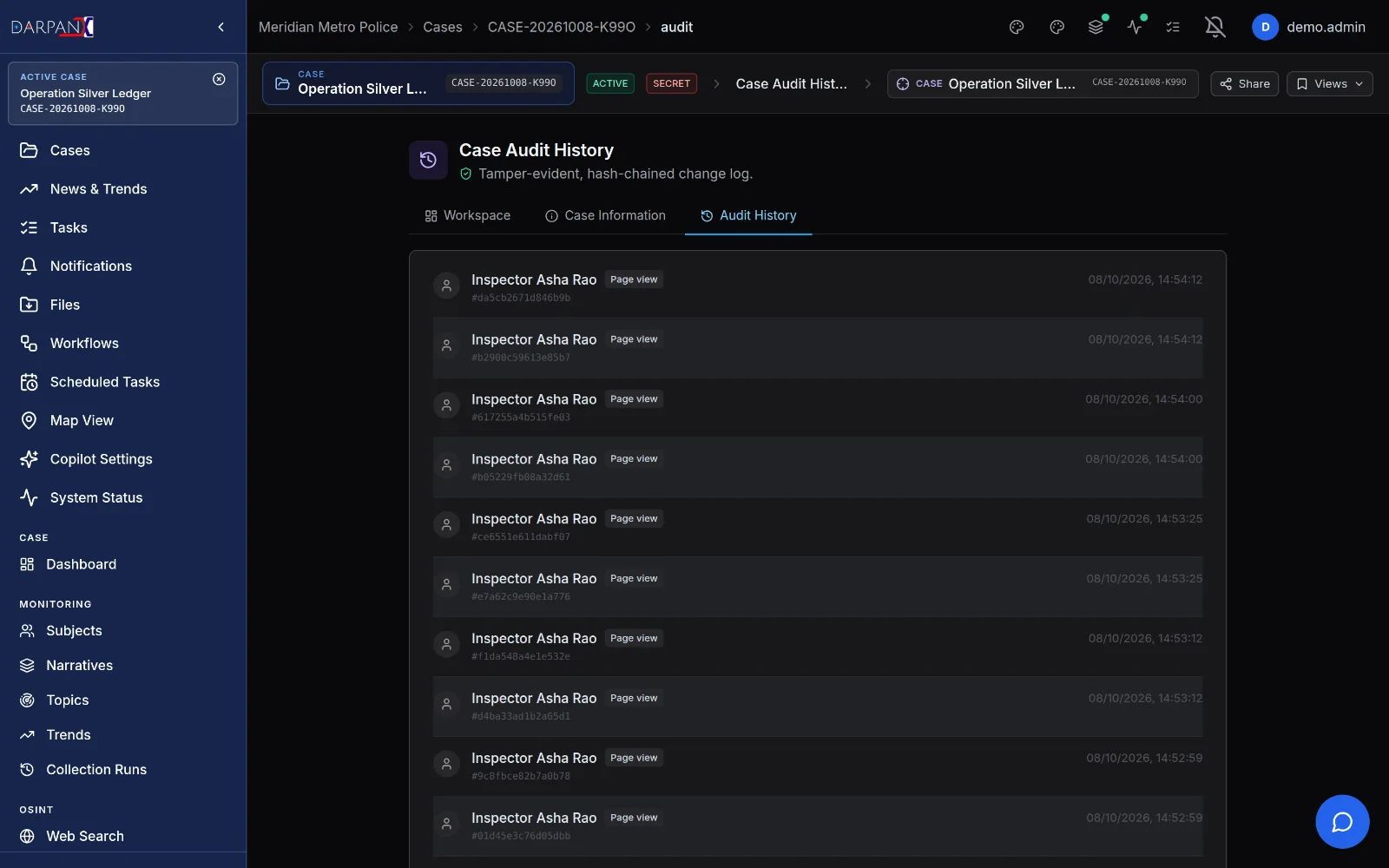 Audit log, fictional demo data