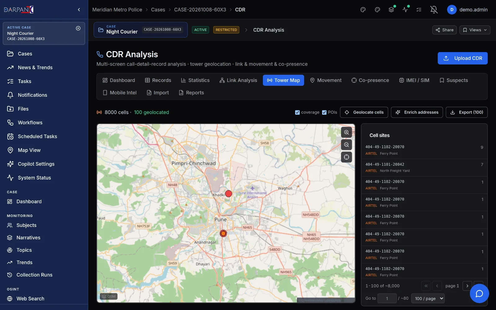Tower map, fictional demo data