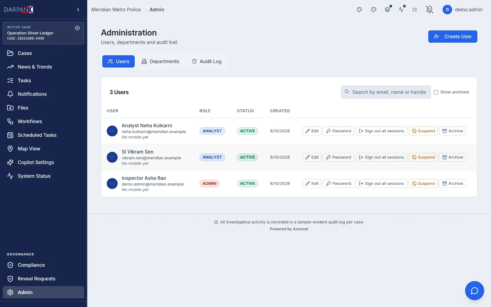 User administration, fictional demo data