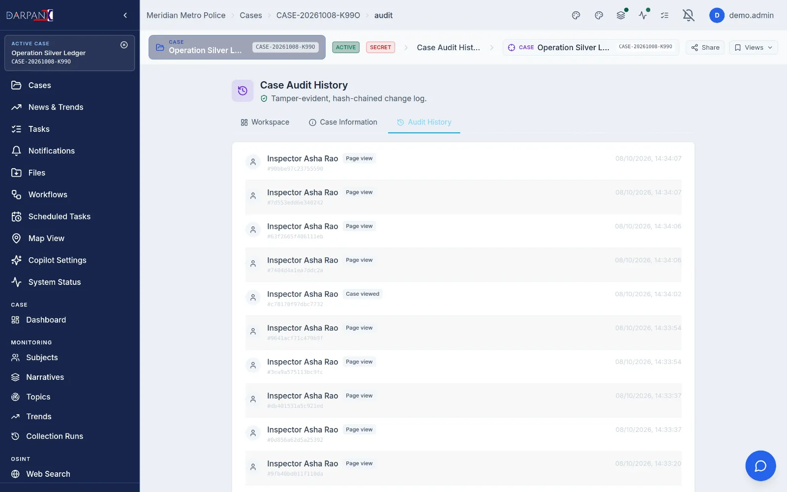 Audit log, light theme, fictional demo data