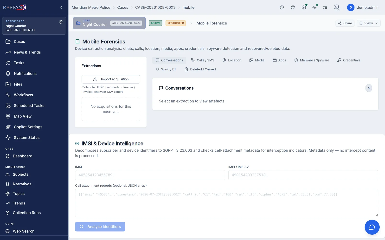 Device forensics, light theme, fictional demo data