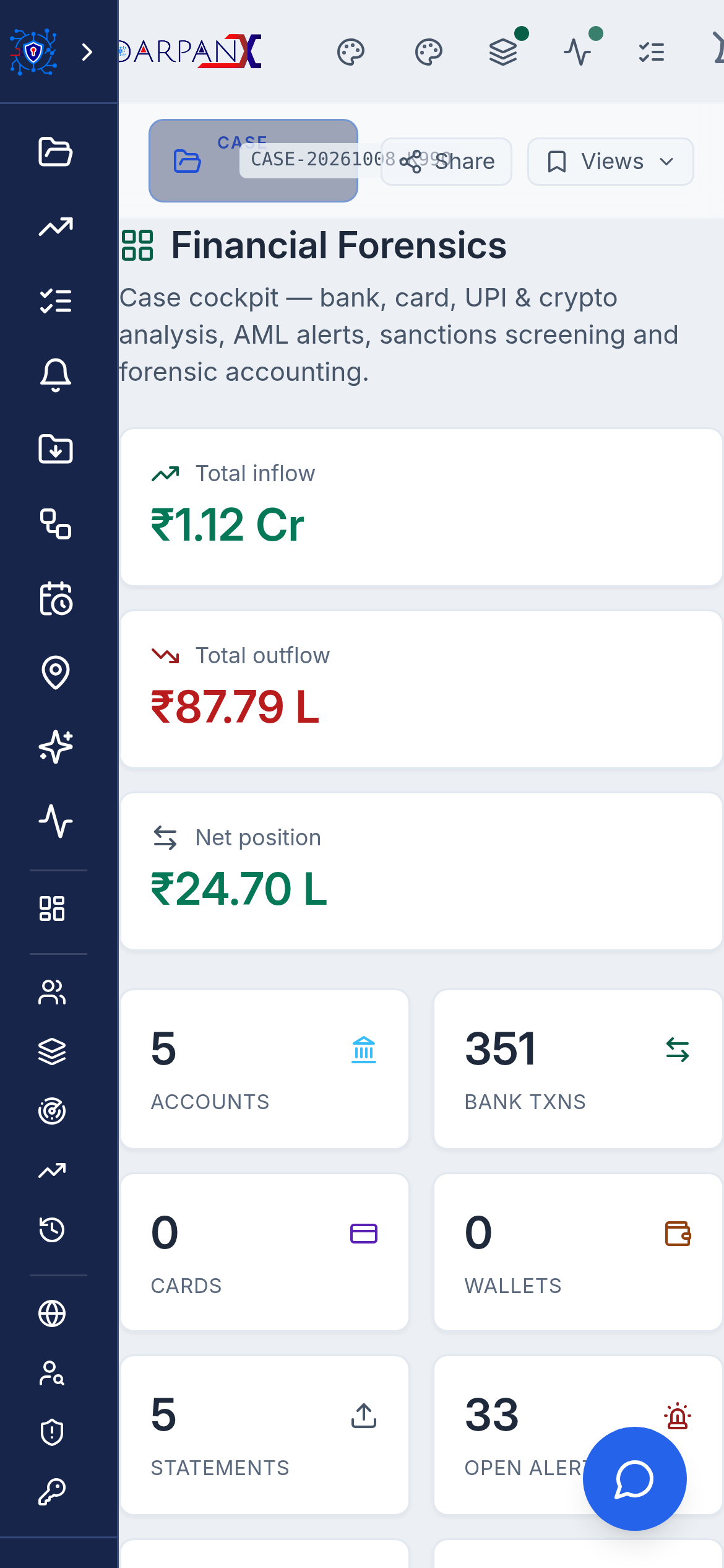 Financial forensics on a phone, light theme, fictional demo data