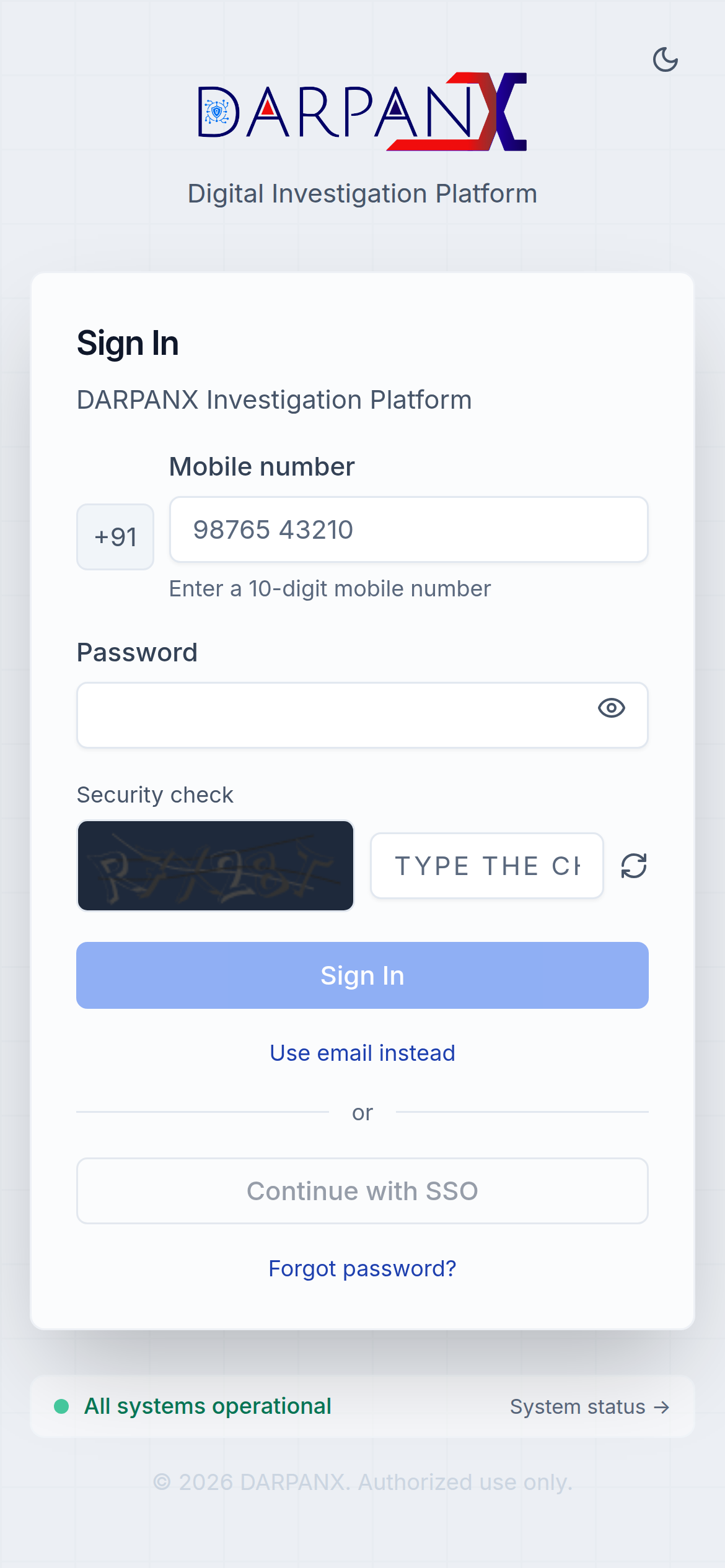 Sign-in on a phone, light theme, fictional demo data