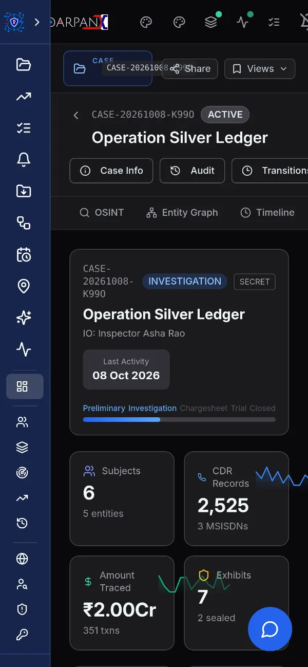 Case overview on a phone, dark theme, fictional demo data